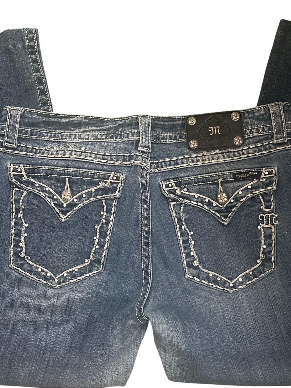 Miss Me Mid Rise Boot Blue Rhinestone Distressed Denim Jeans 32 Y2K Indie Sleaze